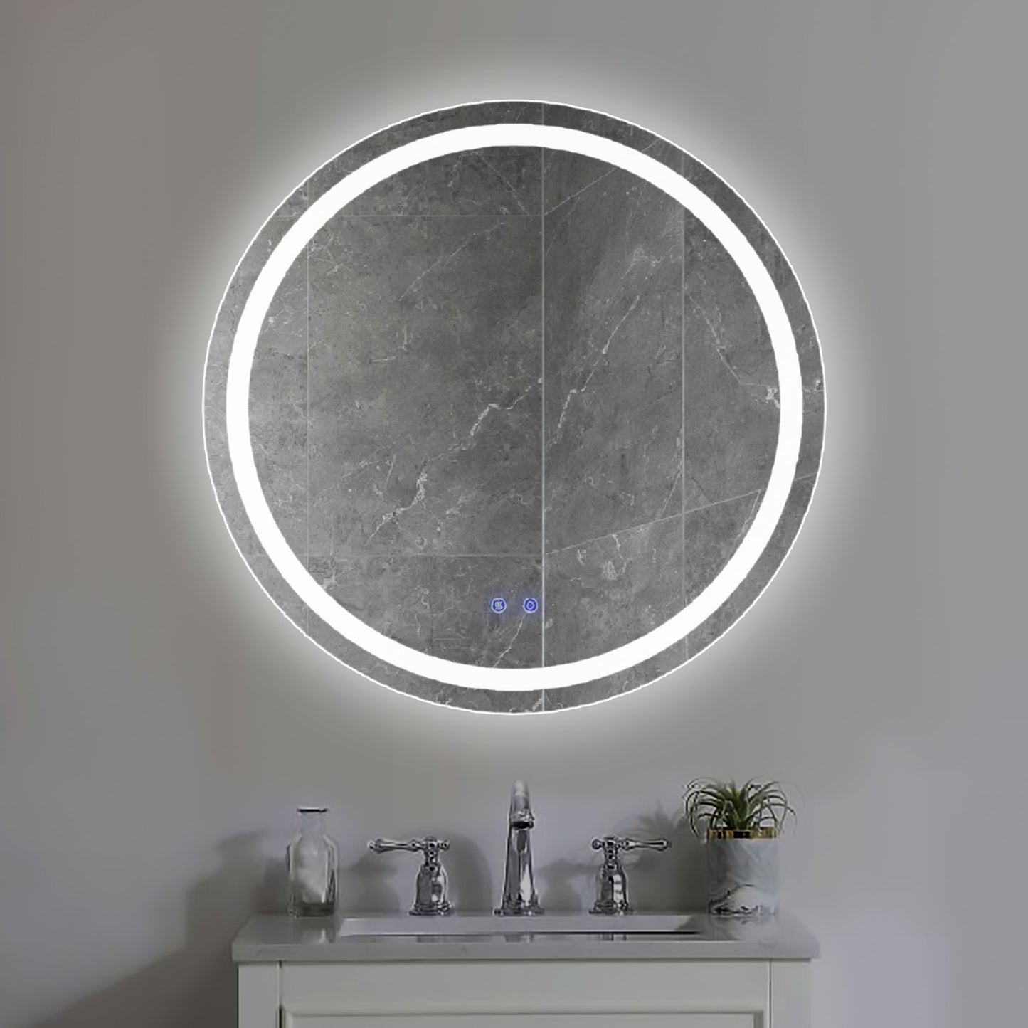 32 x 32 Inch Round Frameless LED Illuminated Bathroom Mirror; Touch Button Defogger; Metal; Frosted Edges; Silver