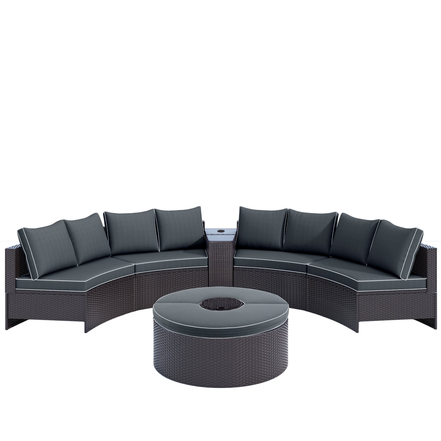6 Pieces Outdoor Sectional Half Round Patio Rattan Sofa Set; PE Wicker Conversation Furniture Set; Brown+ Gray