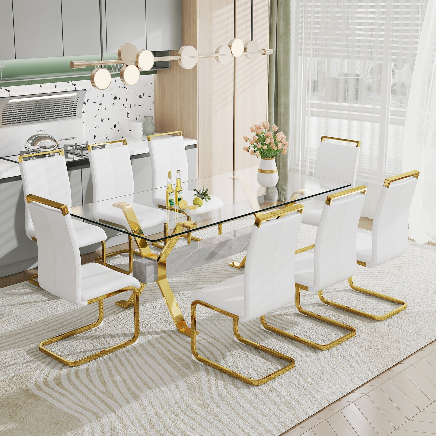 ContemporaryGlass Dining Table - Versatile for Home or Office. Features a Large Tempered Glass Top, Modern Office Desk Design with Gold-Plated Metal Legs and MDF Crossbars. Ideal for Kitchen Use. Dimensions: 79''x39''x30'