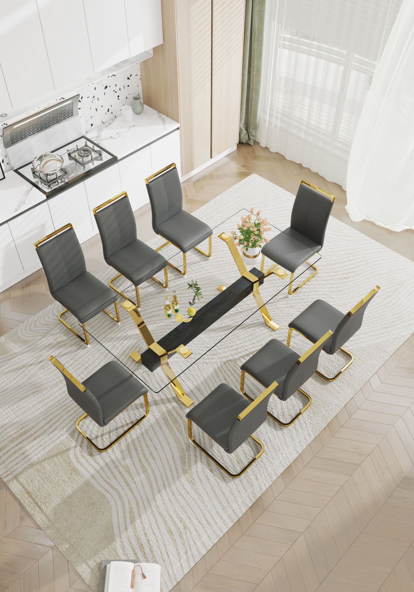 ContemporaryGlass Dining Table - Versatile for Home or Office. Features a Large Tempered Glass Top, Modern Office Desk Design with Gold-Plated Metal Legs and MDF Crossbars. Ideal for Kitchen Use. Dimensions: 79''x39''x30'