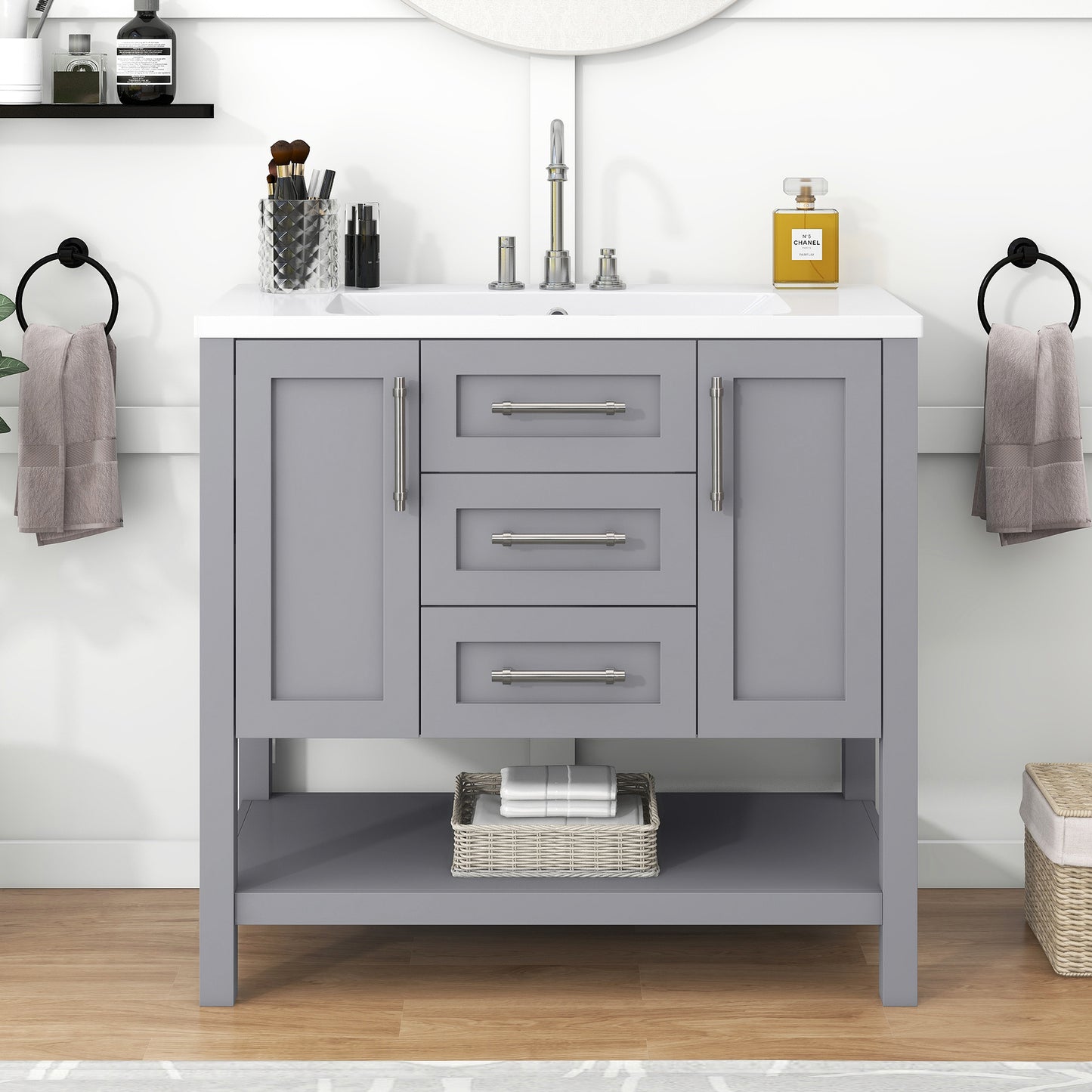 36-Inch Grey Bathroom Vanity with Solid Wood Frame and MDF, Resin Basin, 2 Single Resin Sink