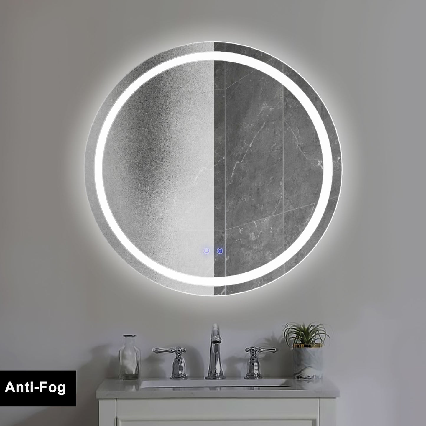 32 x 32 Inch Round Frameless LED Illuminated Bathroom Mirror; Touch Button Defogger; Metal; Frosted Edges; Silver