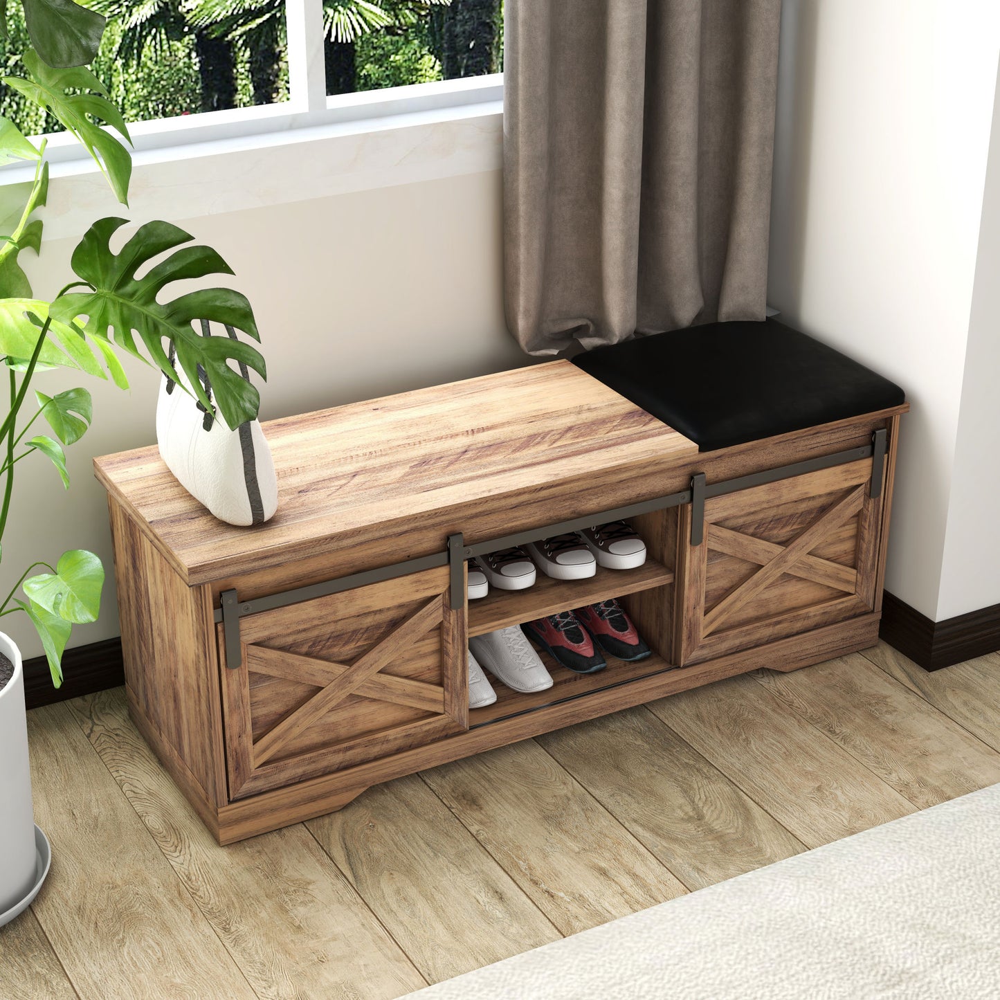 47 Inch Modern Farmhouse Sliding X Barn Door Litterbox Bench with Entry Cutout;  Shoe Bench Multi-color Option
