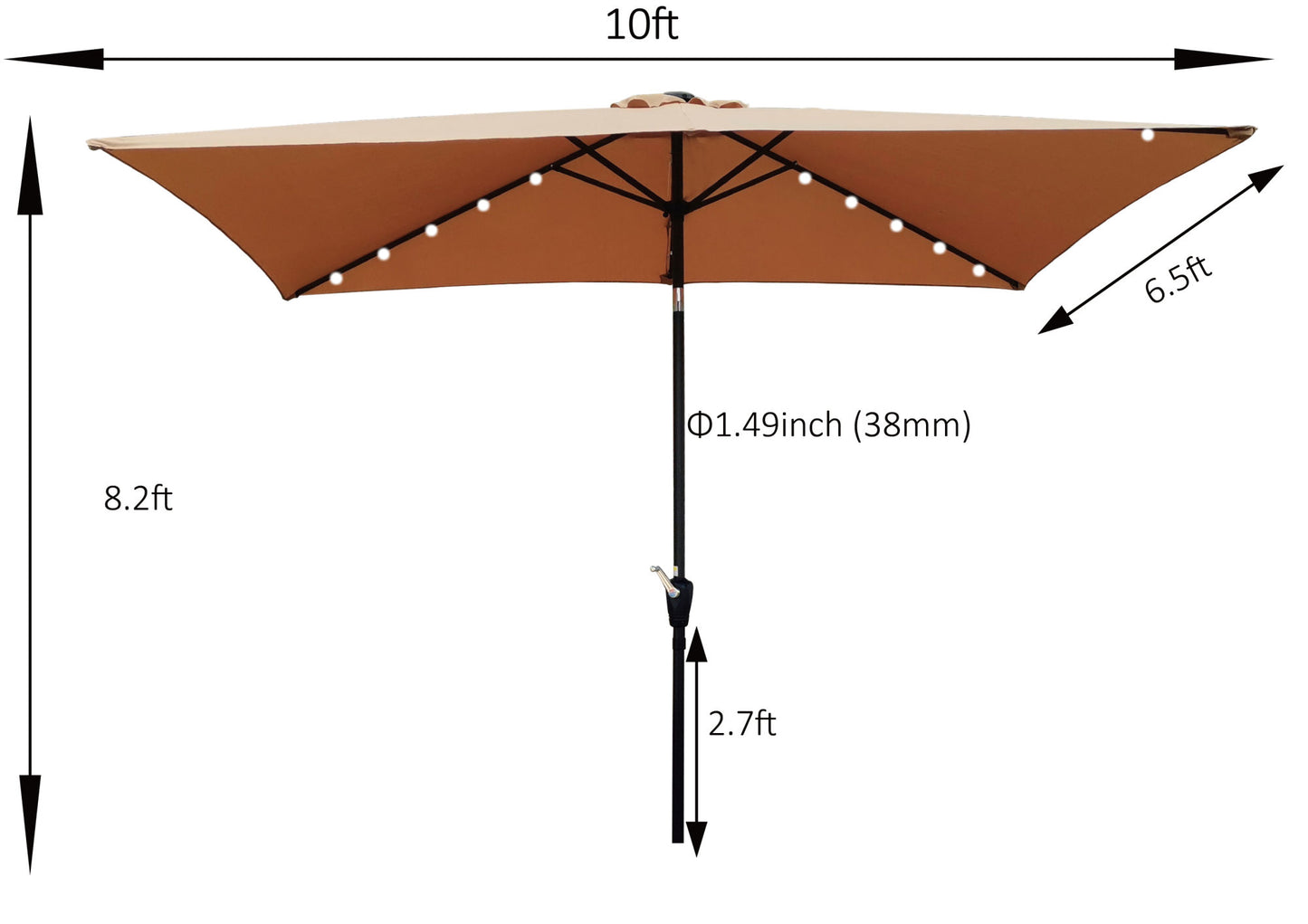10 x 6.5t Rectangular Patio Solar LED Lighted Outdoor Market Umbrellas with Crank &amp; Push Button Tilt