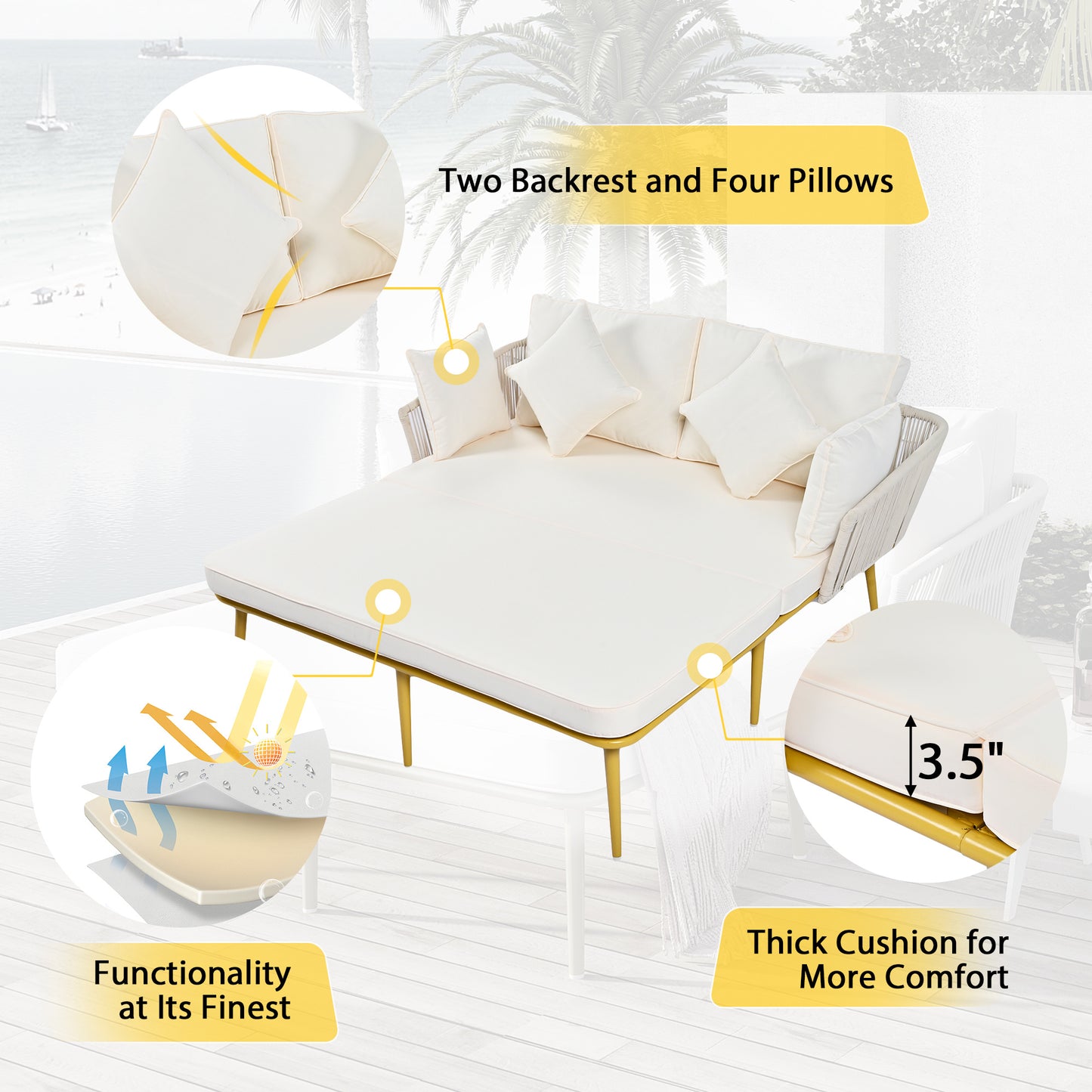 TOPMAX Outdoor Patio, Woven Nylon Rope Backrest with Washable Cushions for Balcony, Poolside, Set for 2 Person, Beige