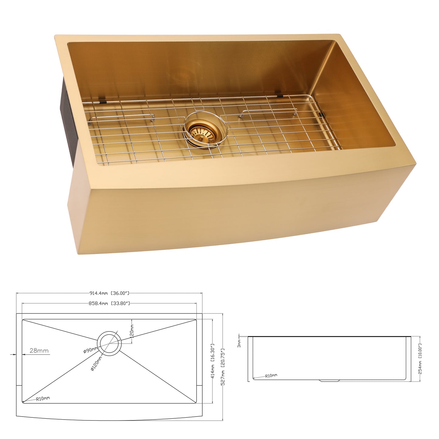 36 Gold Farmhouse Sink - 36 Inch Kitchen Sink Stainless Steel 16 gauge Apron Front Kitchen Sink