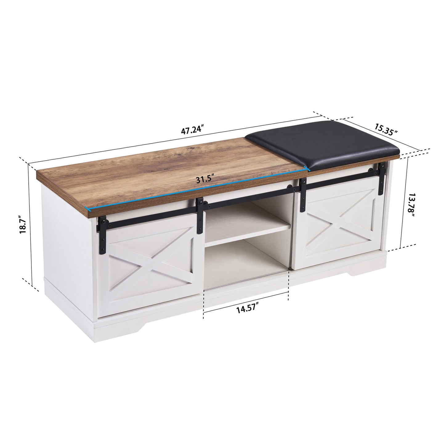 47 Inch Modern Farmhouse Sliding X Barn Door Litterbox Bench with Entry Cutout;  Shoe Bench Multi-color Option