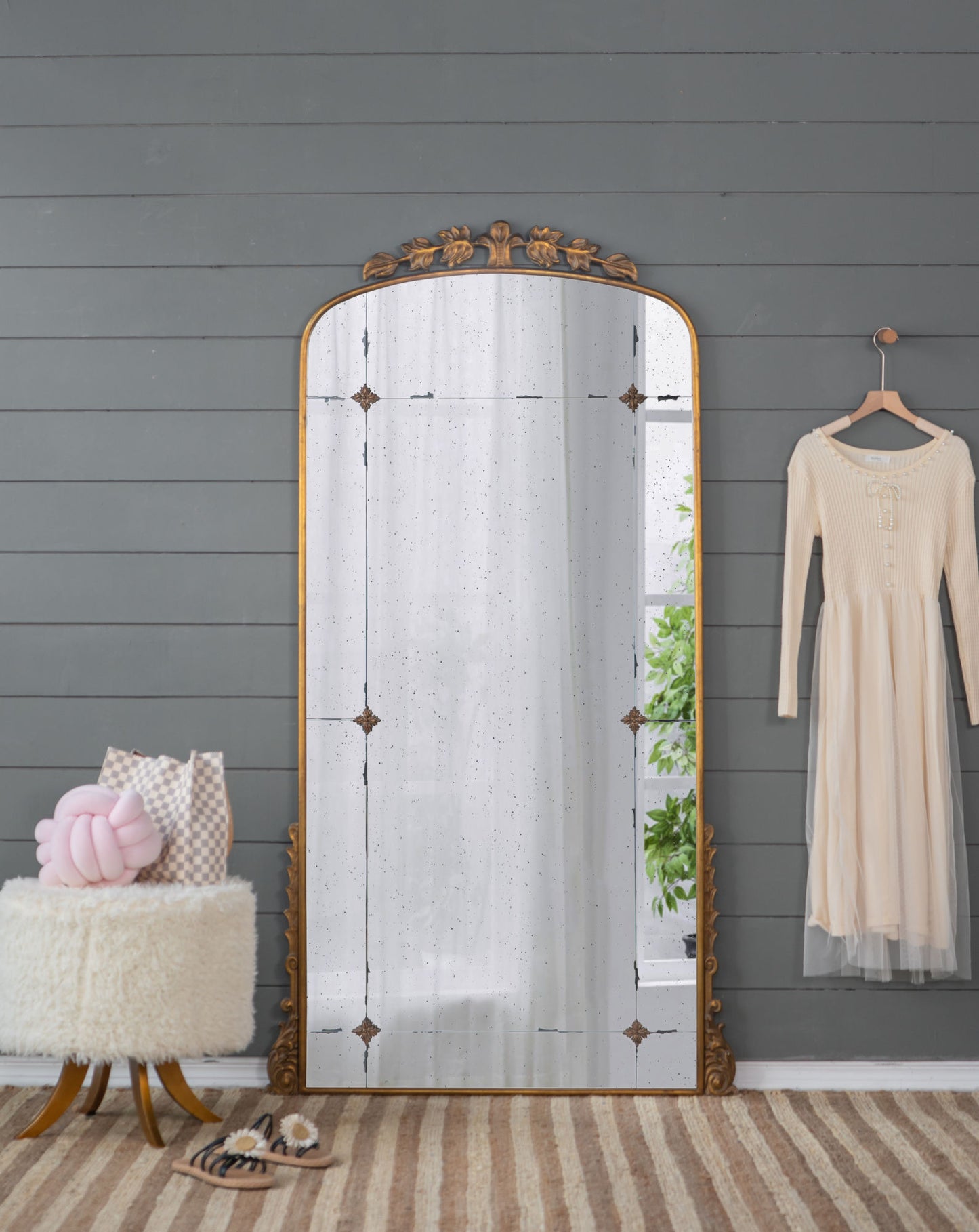 76" x 40" Lavish Full-Length Mirror, Antique Gold Metal Floor Mirror