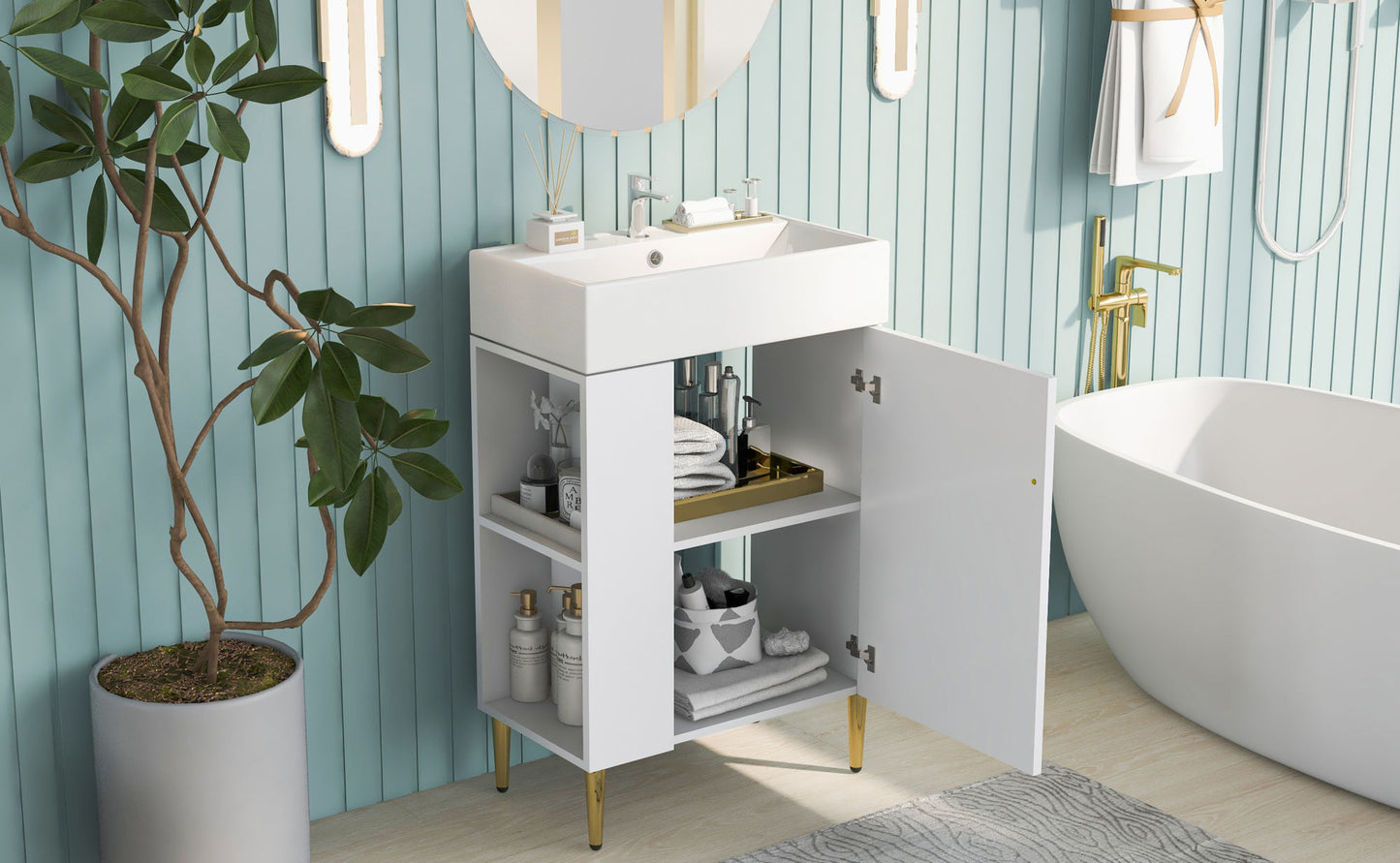 21.6" white Bathroom vanity, Combo -Single Ceramic Sink, Left side storage