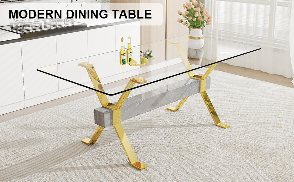 1 table and 8 chairs. Modern simple luxury tempered glass rectangular dining table and desk with 8 black PU gold plated leg chairs 79''x39''x30''