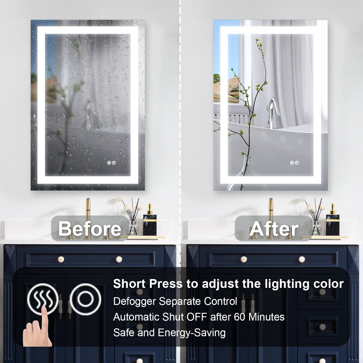 Frameless Rectangular LED Light Bathroom Vanity Mirror