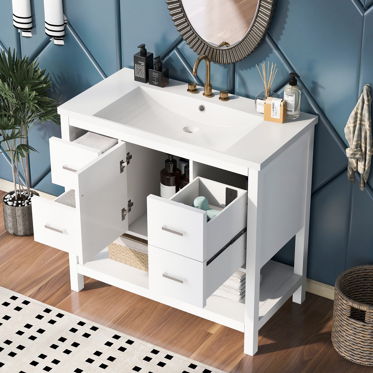 36" White Modern Bathroom Vanity with USB, Resin Sink