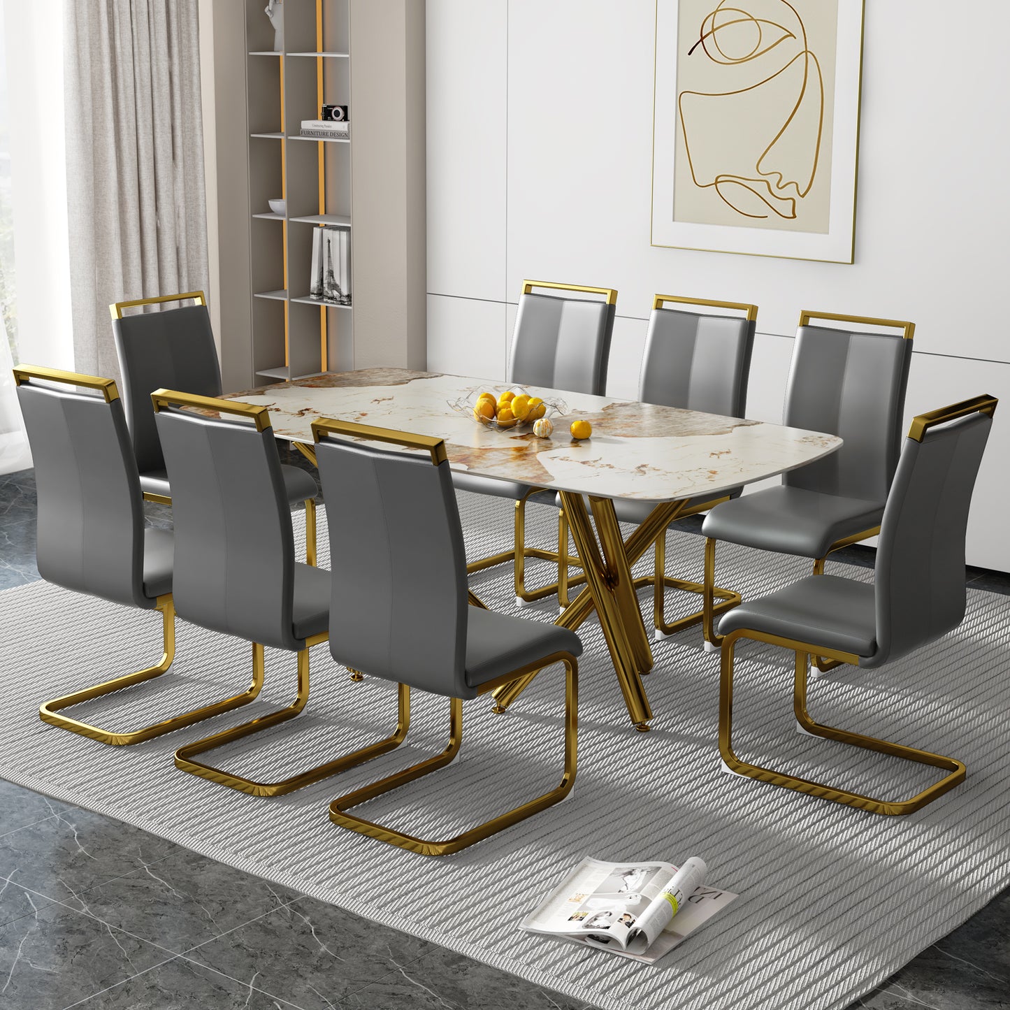 SleekMarble Rectangular Dining Table - Features a 0.39-inch Imitation Marble Top and Elegant Gold-Plated Metal Legs