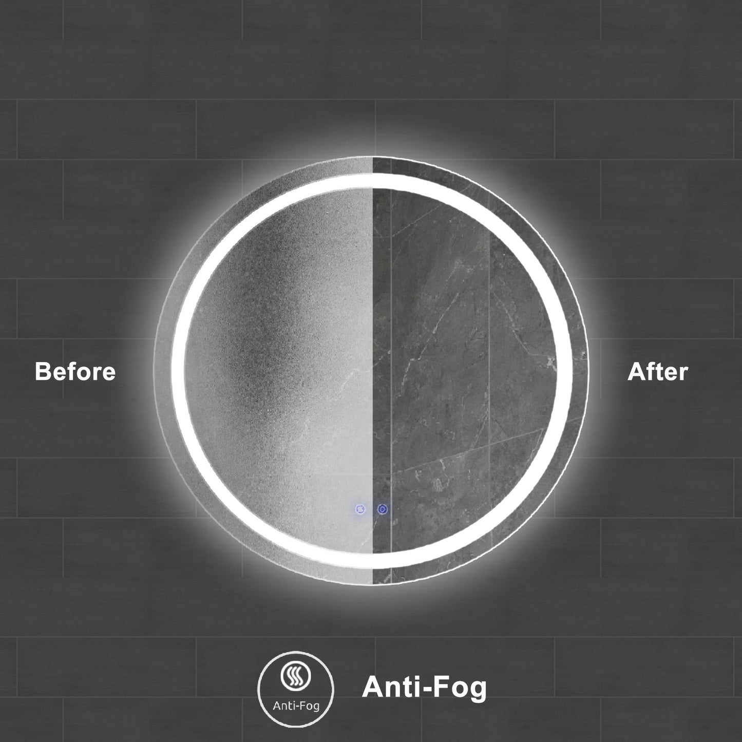 32 x 32 Inch Round Frameless LED Illuminated Bathroom Mirror; Touch Button Defogger; Metal; Frosted Edges; Silver