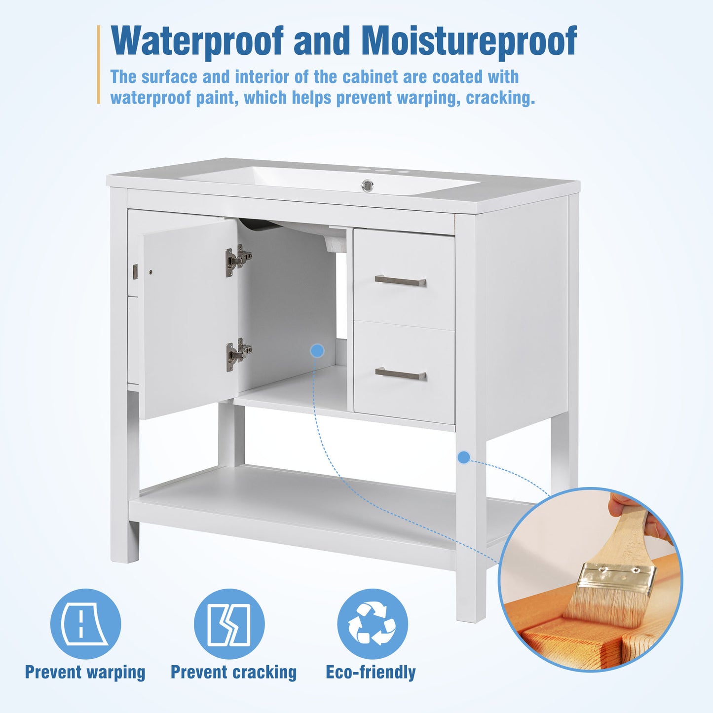 36" White Modern Bathroom Vanity with USB, Resin Sink