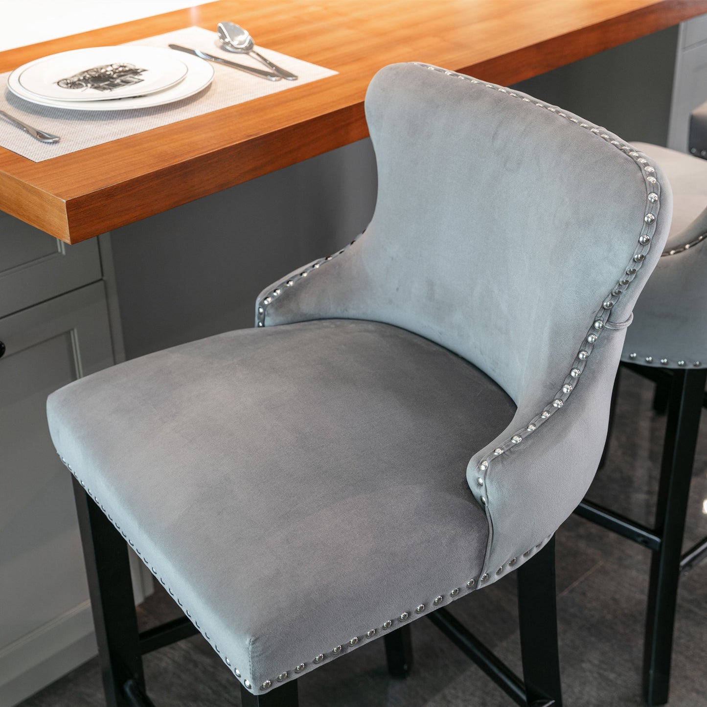 Contemporary Velvet Upholstered Wing-Back Barstools; Set of 2 (Gray)