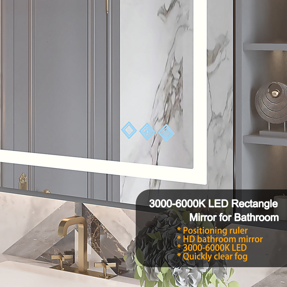 32x24inch Glossy Brushed Silver 3000-6000K LED Bathroom Mirror With Lights,Anti-Fog Dimmable Lighted Wall Mounted Vanity Mirror Master Bath Modern Makeup(Horizontal & Vertical)