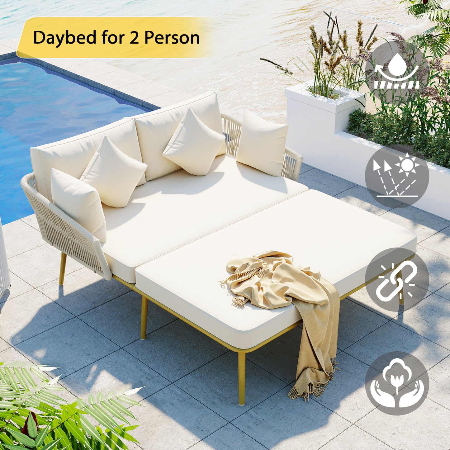 TOPMAX Outdoor Patio, Woven Nylon Rope Backrest with Washable Cushions for Balcony, Poolside, Set for 2 Person, Beige