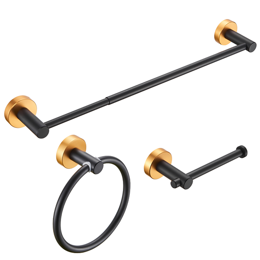 Bathroom Hardware Set; Thicken Space Aluminum 3 PCS Towel bar Set- Black Gold 16-27 Inches Adjustable Bathroom Accessories Set