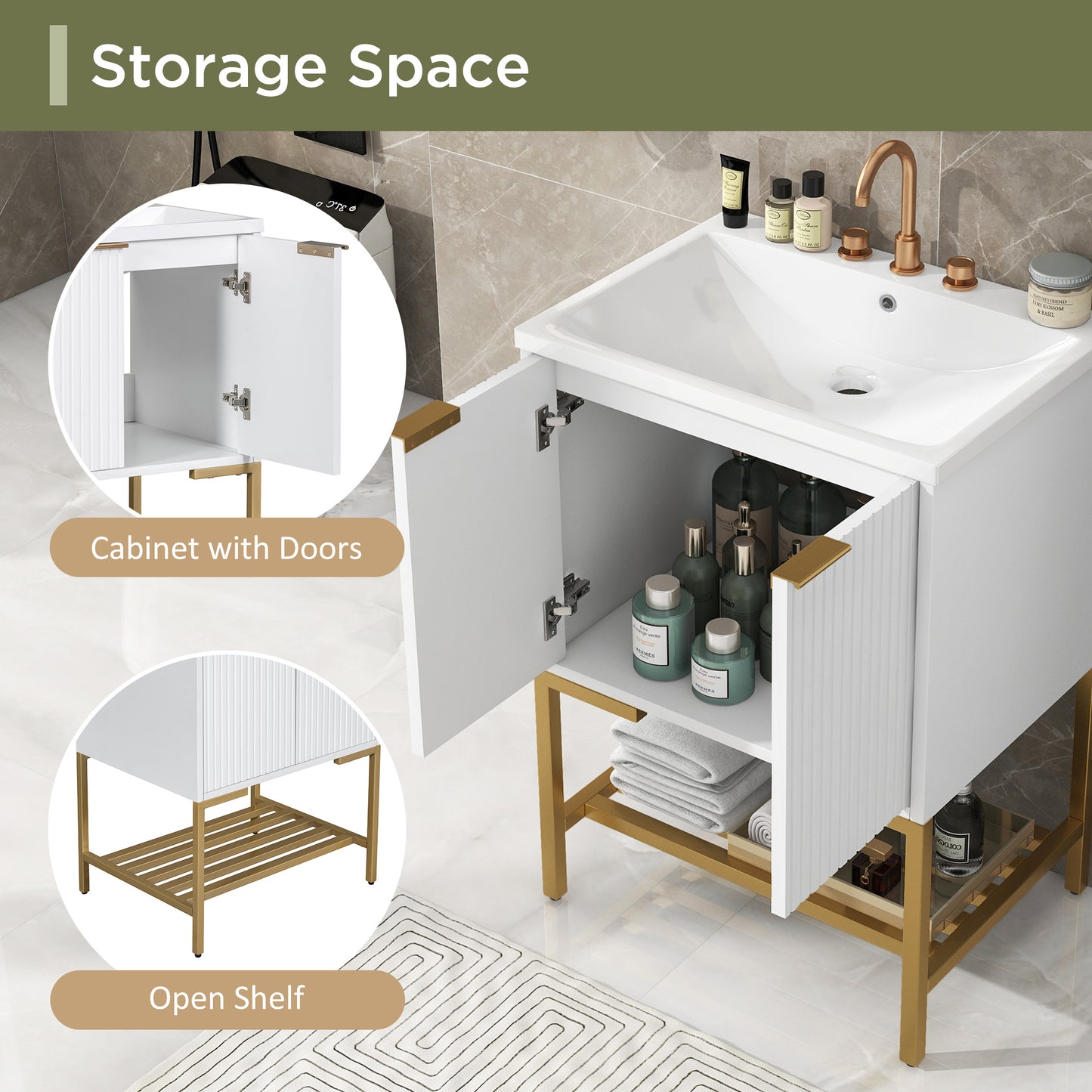 24" Bathroom Vanity with Sink, Bathroom Vanity Cabinet- White