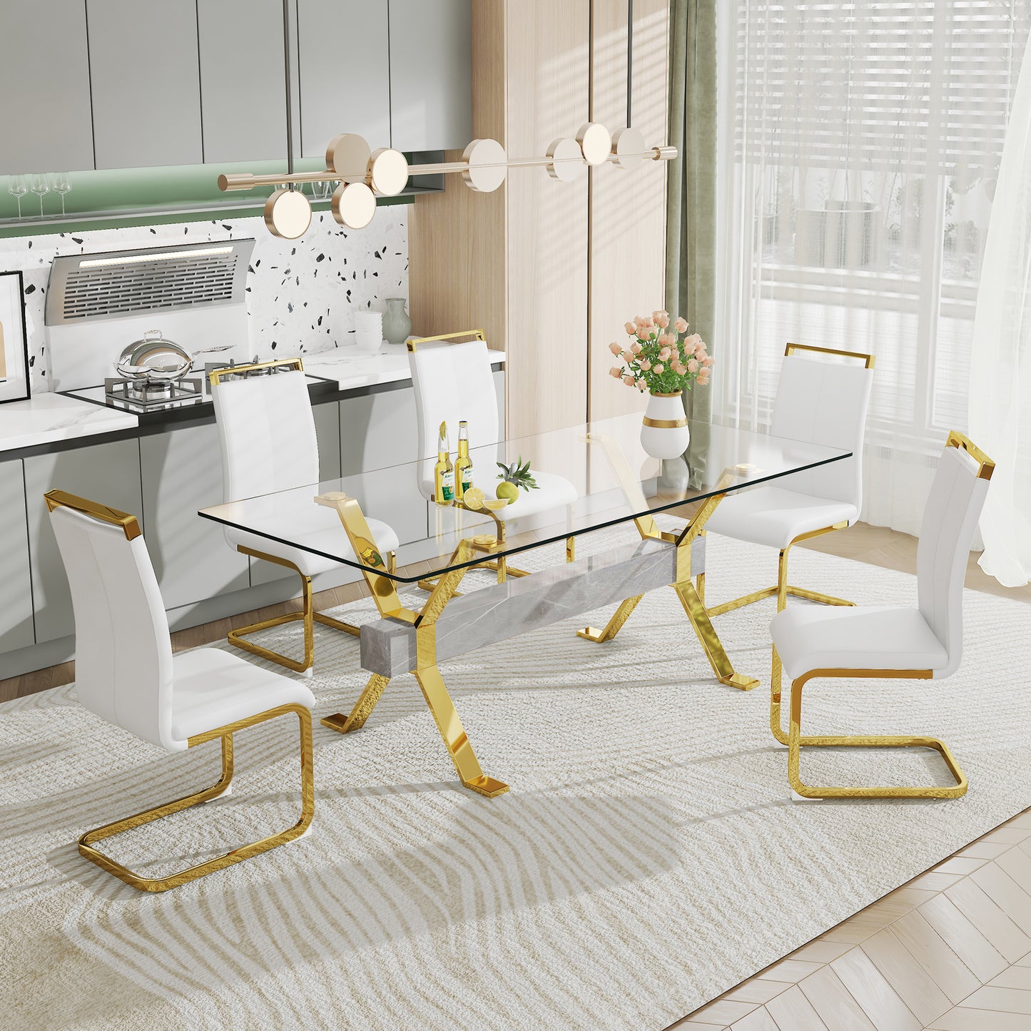 ContemporaryGlass Dining Table - Versatile for Home or Office. Features a Large Tempered Glass Top, Modern Office Desk Design with Gold-Plated Metal Legs and MDF Crossbars. Ideal for Kitchen Use. Dimensions: 79''x39''x30'