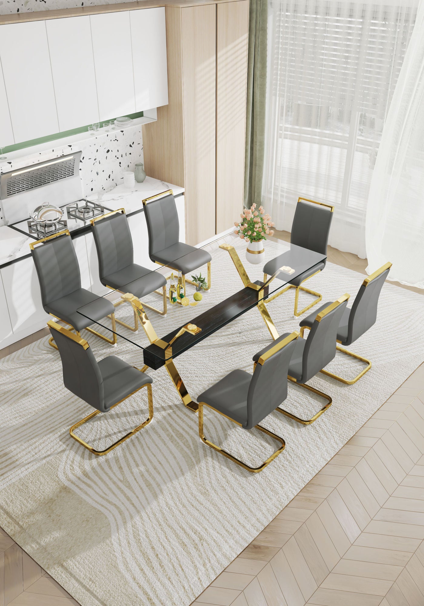 ContemporaryGlass Dining Table - Versatile for Home or Office. Features a Large Tempered Glass Top, Modern Office Desk Design with Gold-Plated Metal Legs and MDF Crossbars. Ideal for Kitchen Use. Dimensions: 79''x39''x30'
