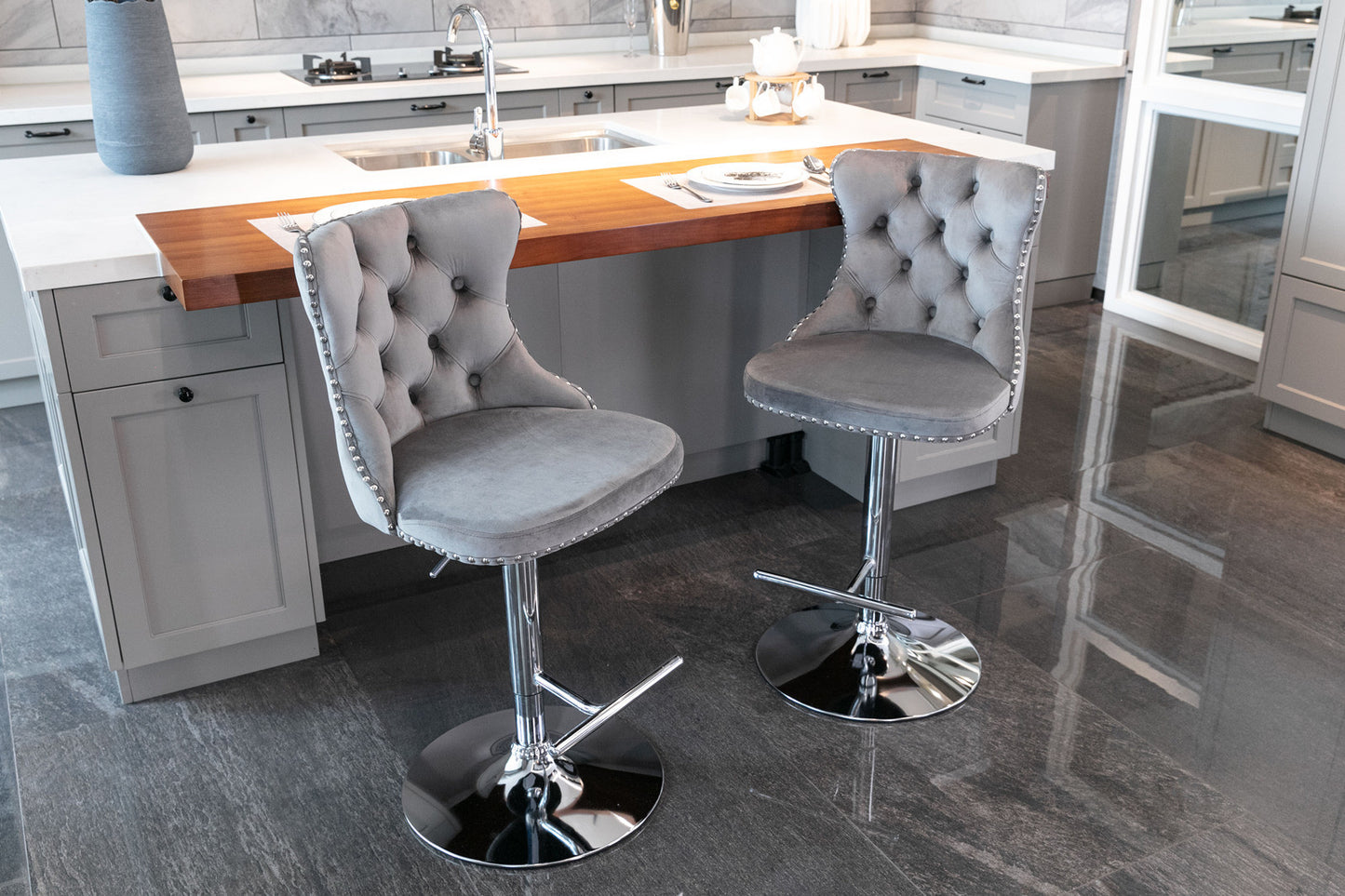 A&A Furniture, Swivel Velvet Barstools - Set of 2