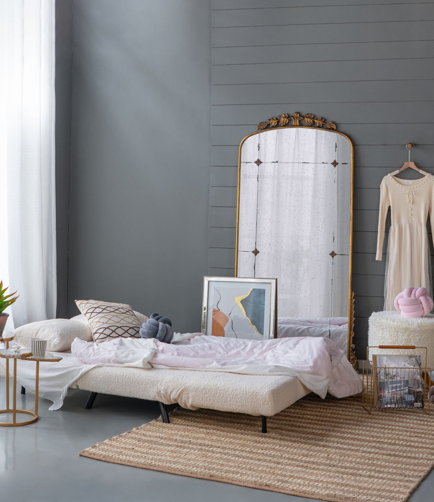 76" x 40" Lavish Full-Length Mirror, Antique Gold Metal Floor Mirror