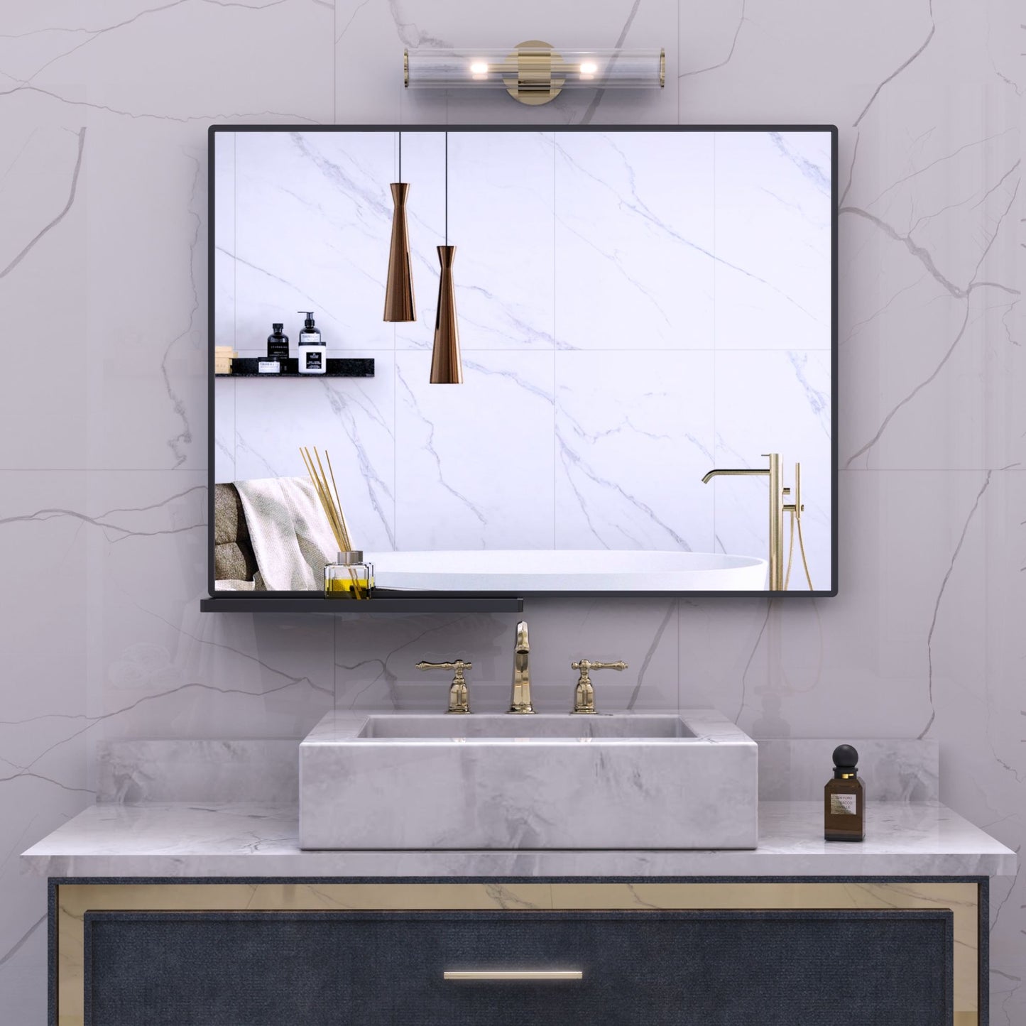 Modern Bathroom Mirror- Black Aluminum Frame 48x30 Inch