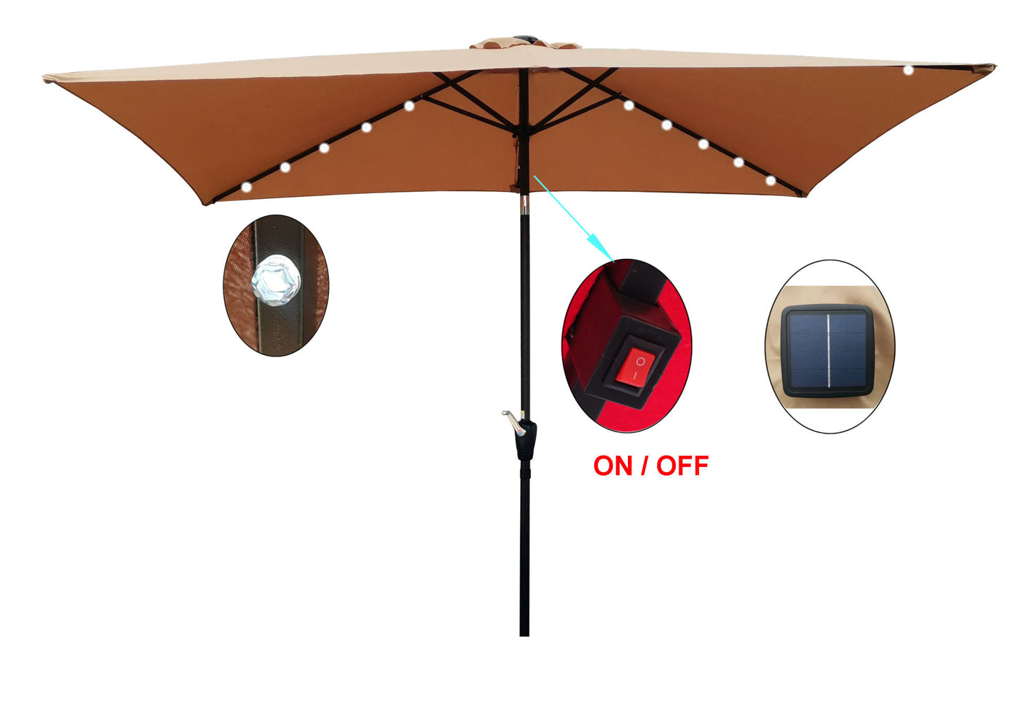 10 x 6.5t Rectangular Patio Solar LED Lighted Outdoor Market Umbrellas with Crank &amp; Push Button Tilt