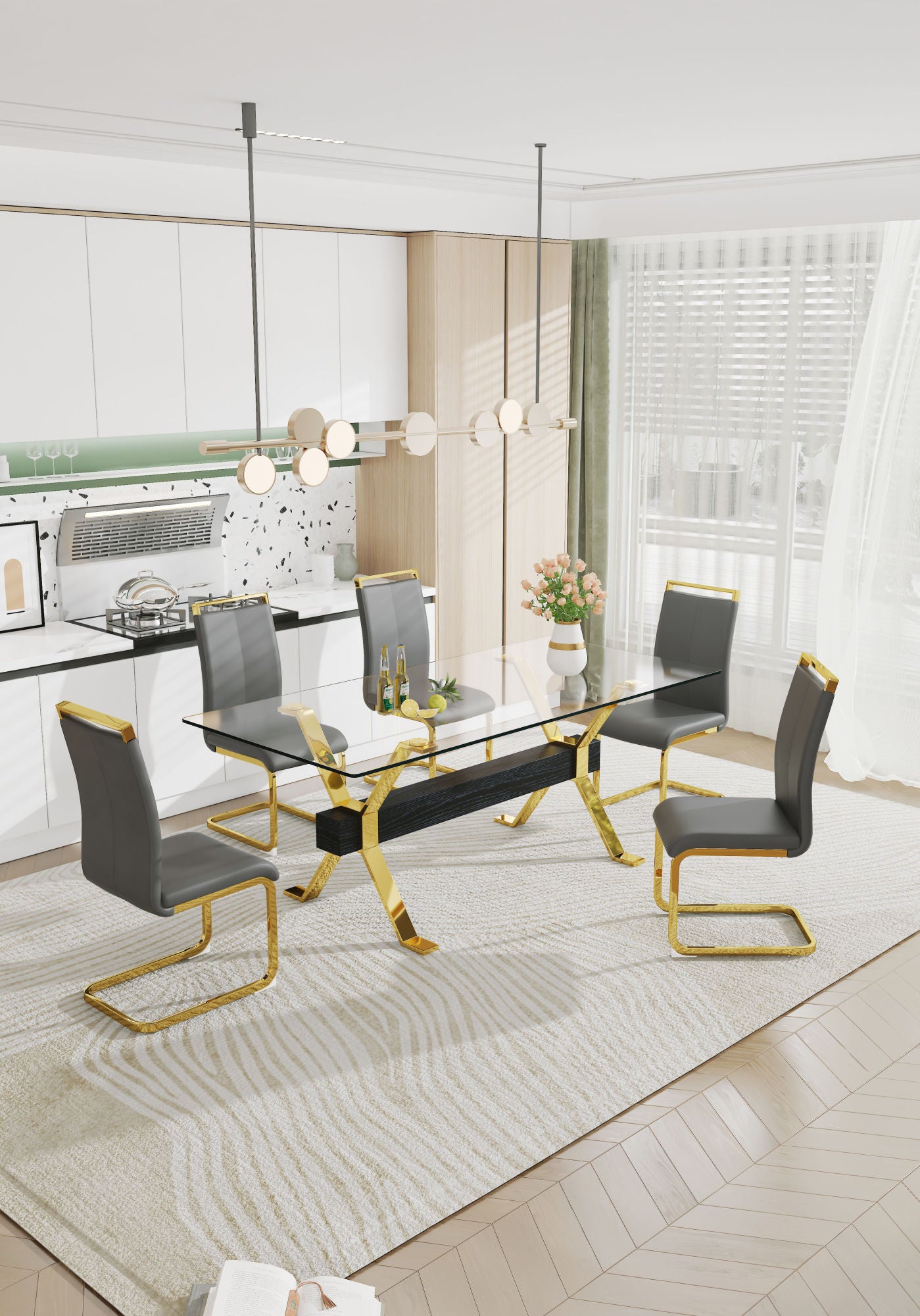 ContemporaryGlass Dining Table - Versatile for Home or Office. Features a Large Tempered Glass Top, Modern Office Desk Design with Gold-Plated Metal Legs and MDF Crossbars. Ideal for Kitchen Use. Dimensions: 79''x39''x30'