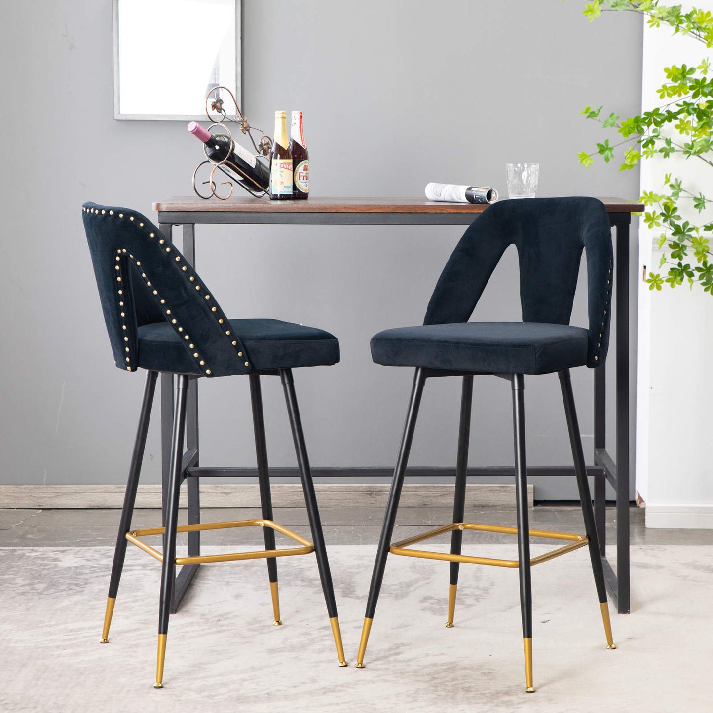 Collection Modern | Contemporary Velvet Upholstered  28\\\" Bar Stool & Counter Stools with Nailheads and Gold Tipped Black Metal Legs,Set of 2