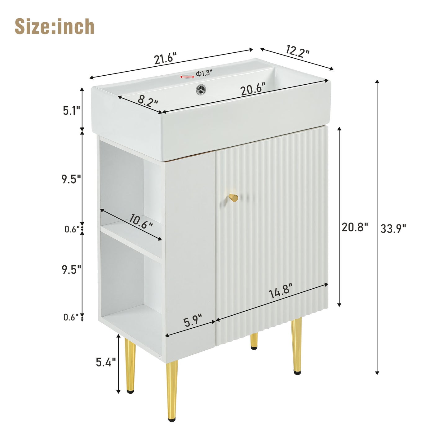 21.6" white Bathroom vanity, Combo -Single Ceramic Sink, Left side storage