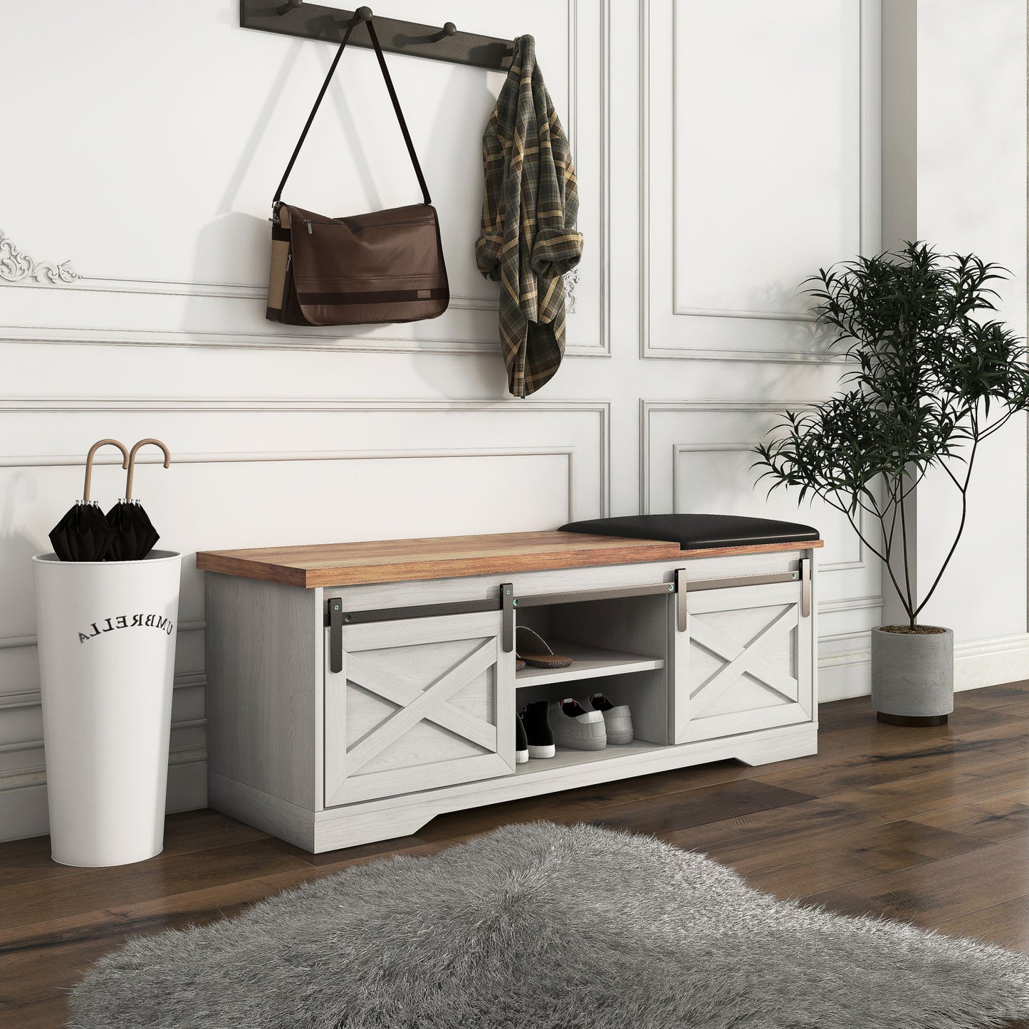 47 Inch Modern Farmhouse Sliding X Barn Door Litterbox Bench with Entry Cutout;  Shoe Bench Multi-color Option