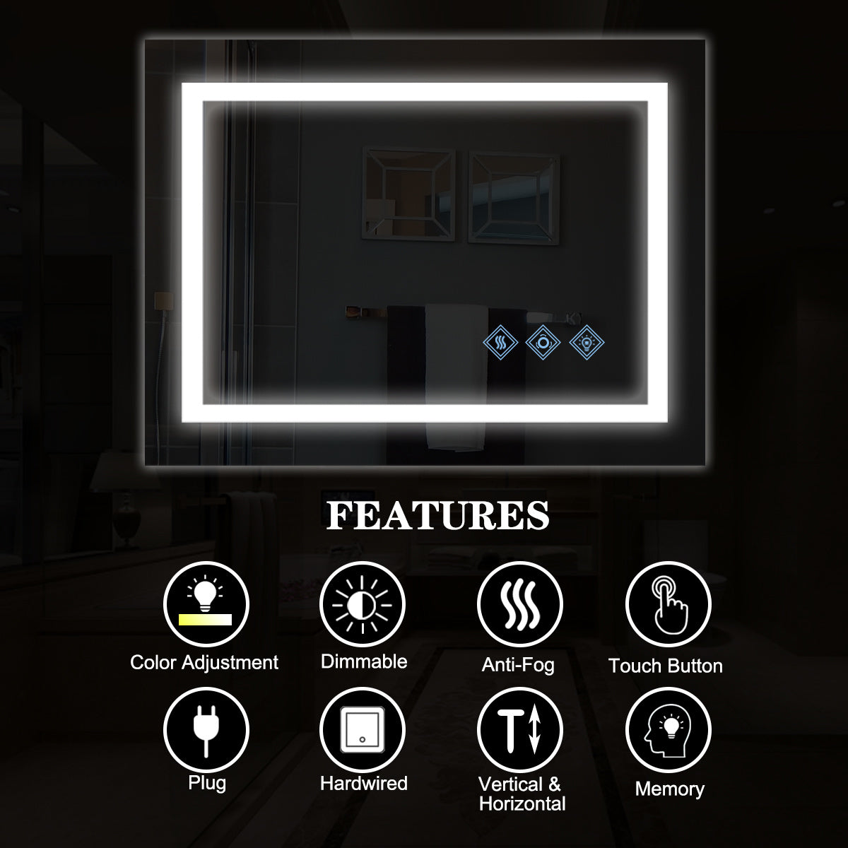 32x24inch Glossy Brushed Silver 3000-6000K LED Bathroom Mirror With Lights,Anti-Fog Dimmable Lighted Wall Mounted Vanity Mirror Master Bath Modern Makeup(Horizontal & Vertical)