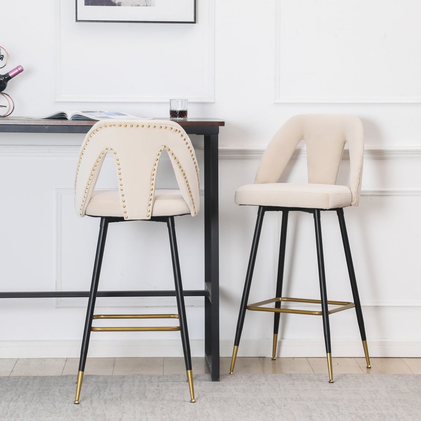Collection Modern | Contemporary Velvet Upholstered  28\\\" Bar Stool & Counter Stools with Nailheads and Gold Tipped Black Metal Legs,Set of 2