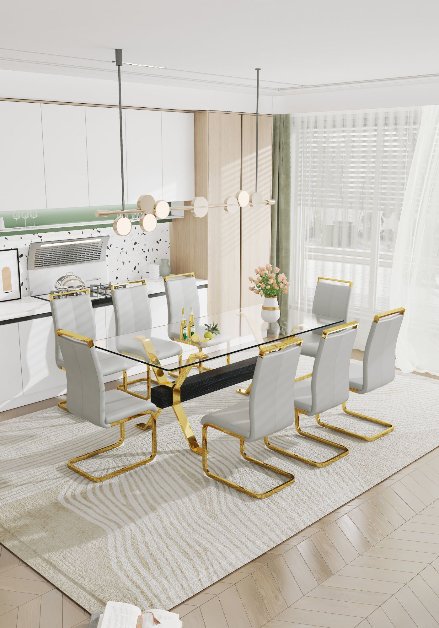 ContemporaryGlass Dining Table - Versatile for Home or Office. Features a Large Tempered Glass Top, Modern Office Desk Design with Gold-Plated Metal Legs and MDF Crossbars. Ideal for Kitchen Use. Dimensions: 79''x39''x30'
