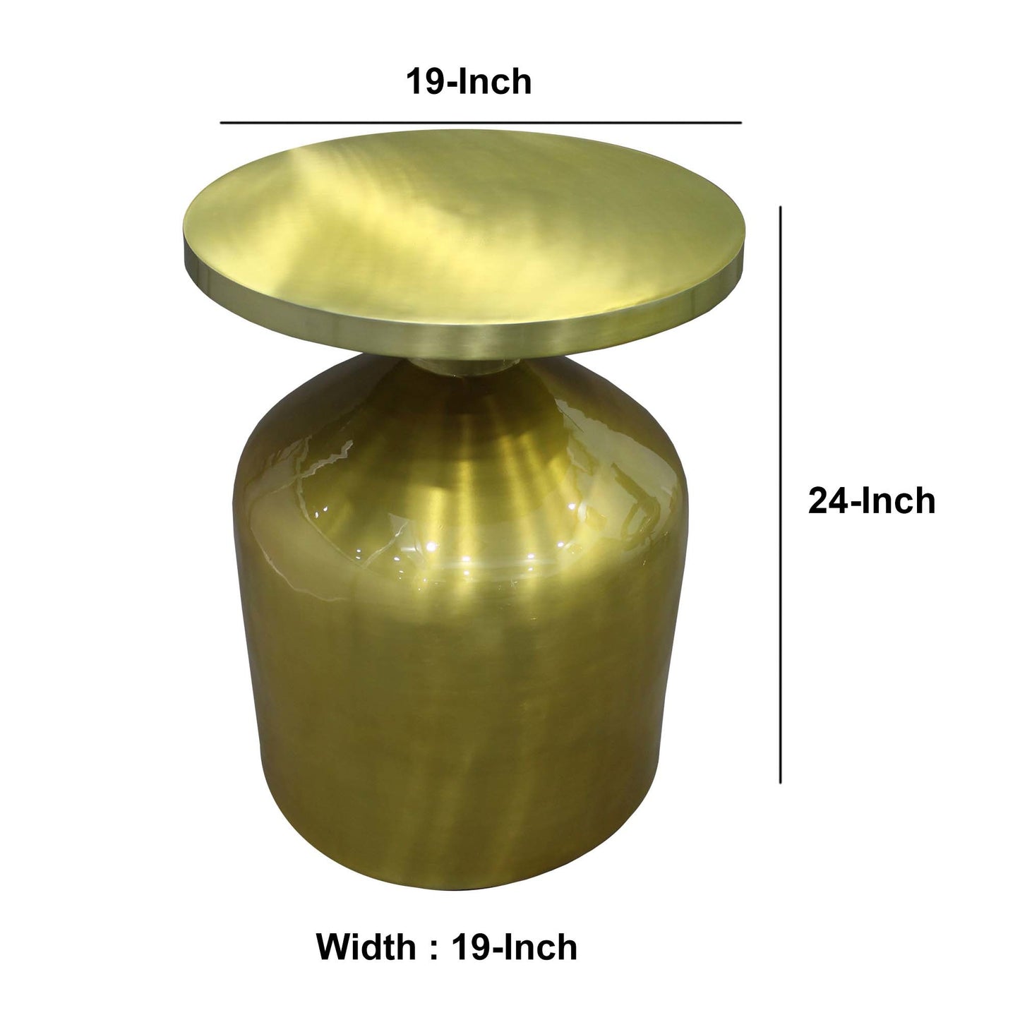 24 Inch Metal Frame End Table with Round Top and Bottle Shape Base; Gold