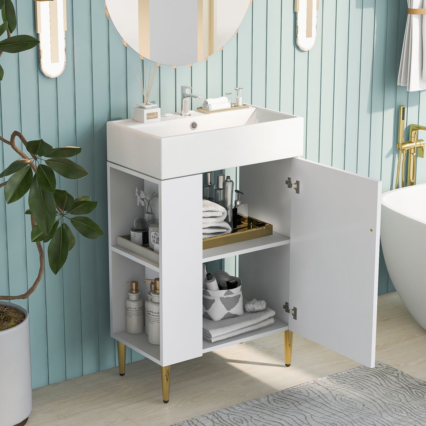 21.6" white Bathroom vanity, Combo -Single Ceramic Sink, Left side storage