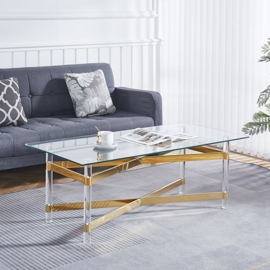 Gold Stainless Steel Coffee Table With acrylic Frame and Clear Glass Top