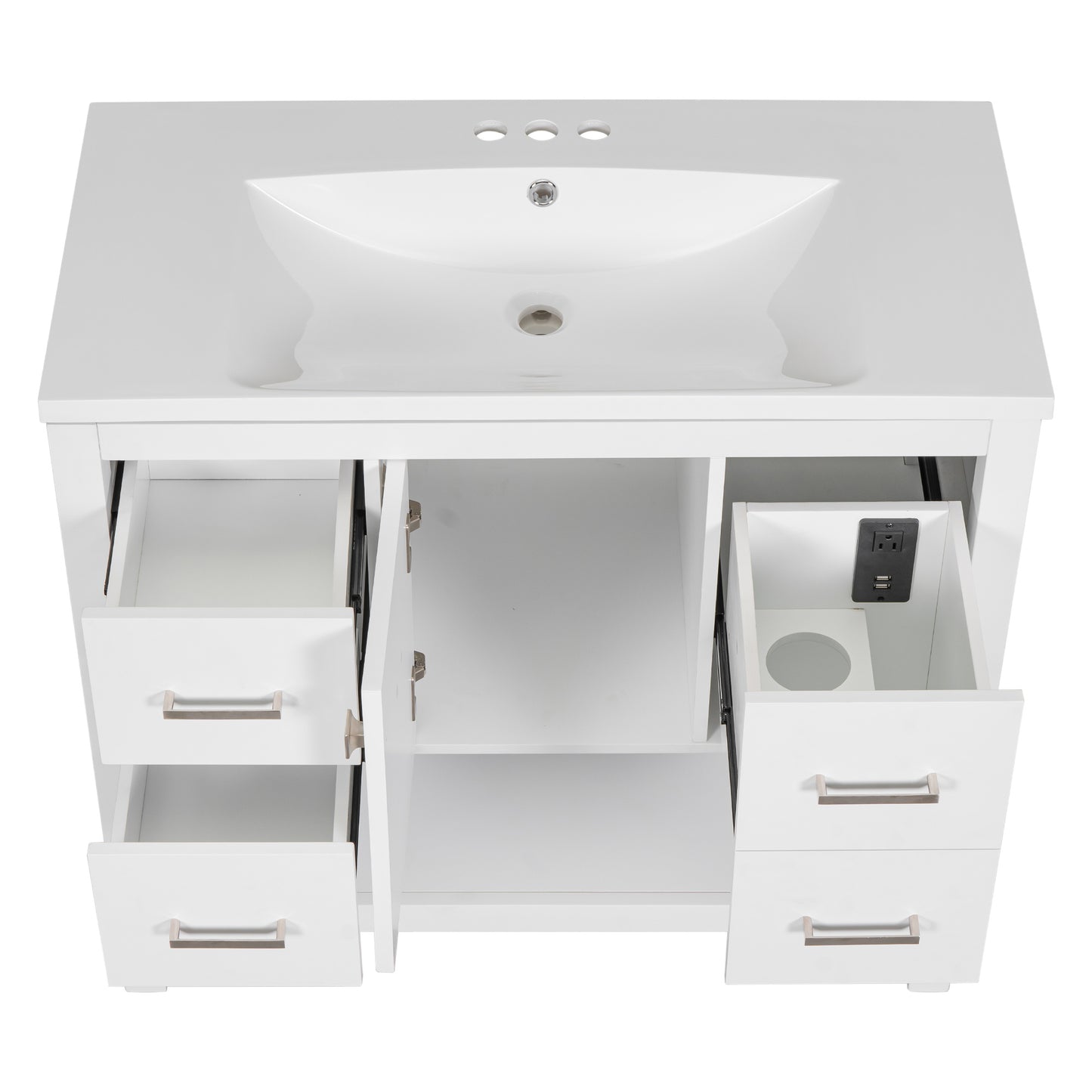 36" White Modern Bathroom Vanity with USB, Resin Sink