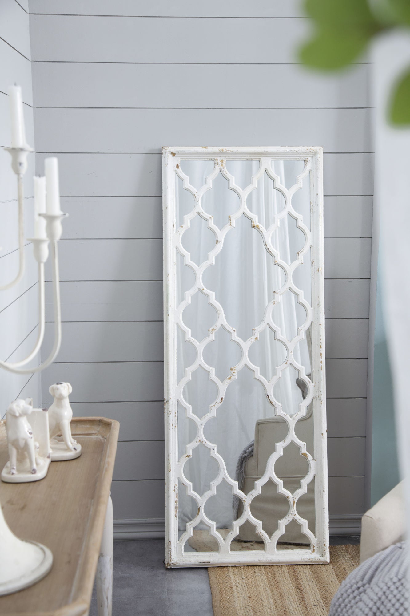 24" x 60" Distressed White Floor Mirror, Full Body Mirror