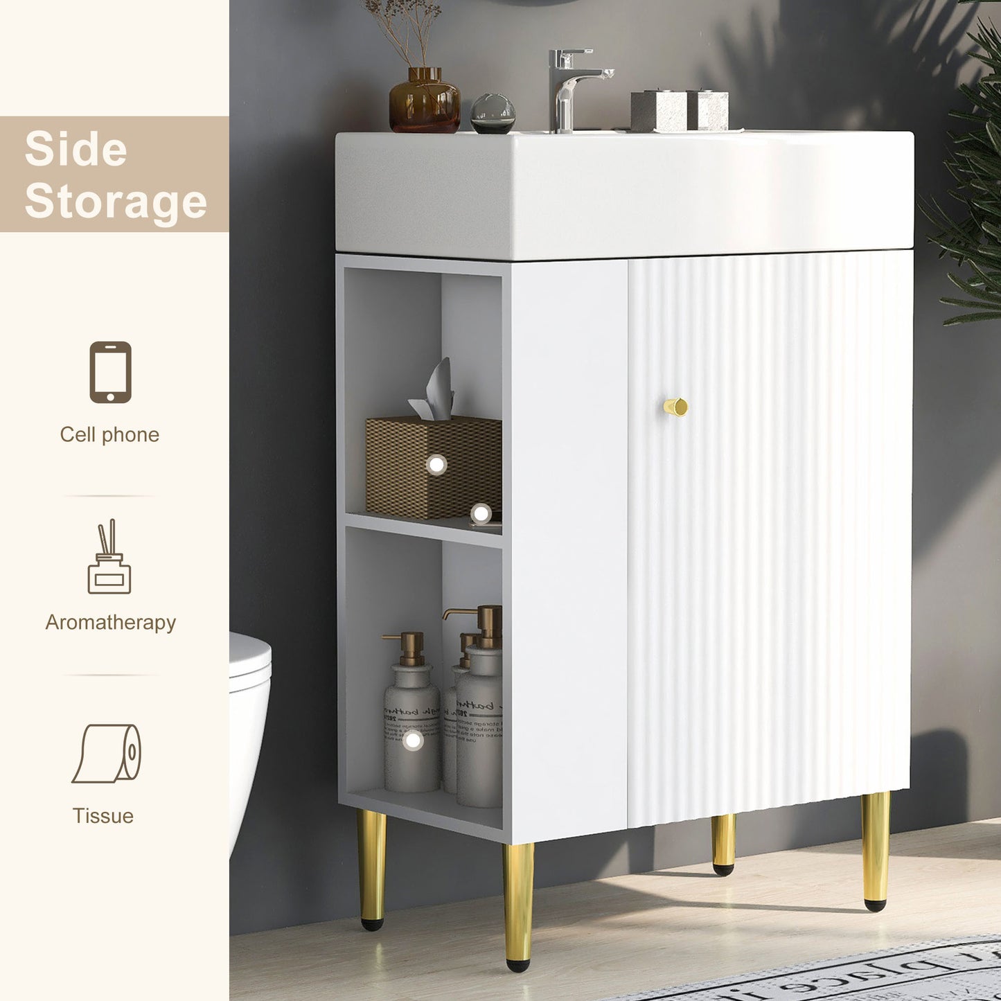 21.6" white Bathroom vanity, Combo -Single Ceramic Sink, Left side storage