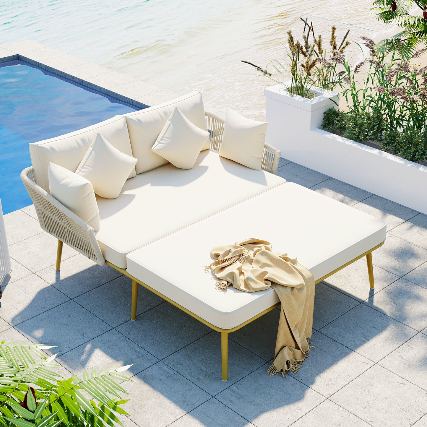 TOPMAX Outdoor Patio, Woven Nylon Rope Backrest with Washable Cushions for Balcony, Poolside, Set for 2 Person, Beige