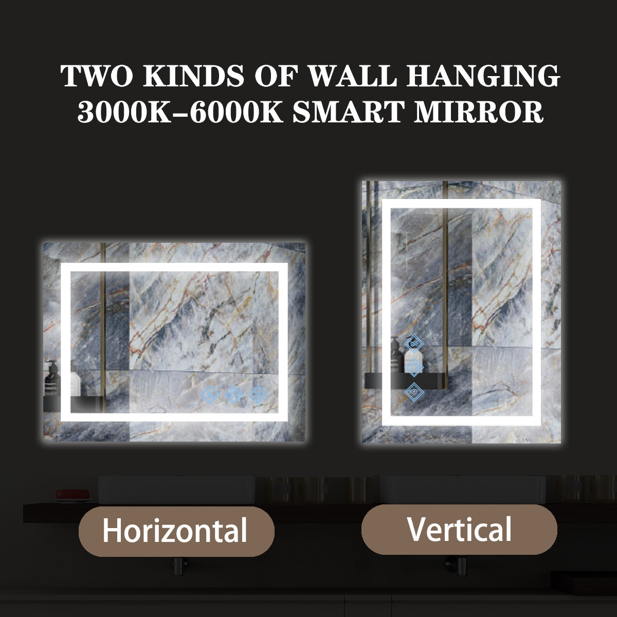 32x24inch Glossy Brushed Silver 3000-6000K LED Bathroom Mirror With Lights,Anti-Fog Dimmable Lighted Wall Mounted Vanity Mirror Master Bath Modern Makeup(Horizontal & Vertical)