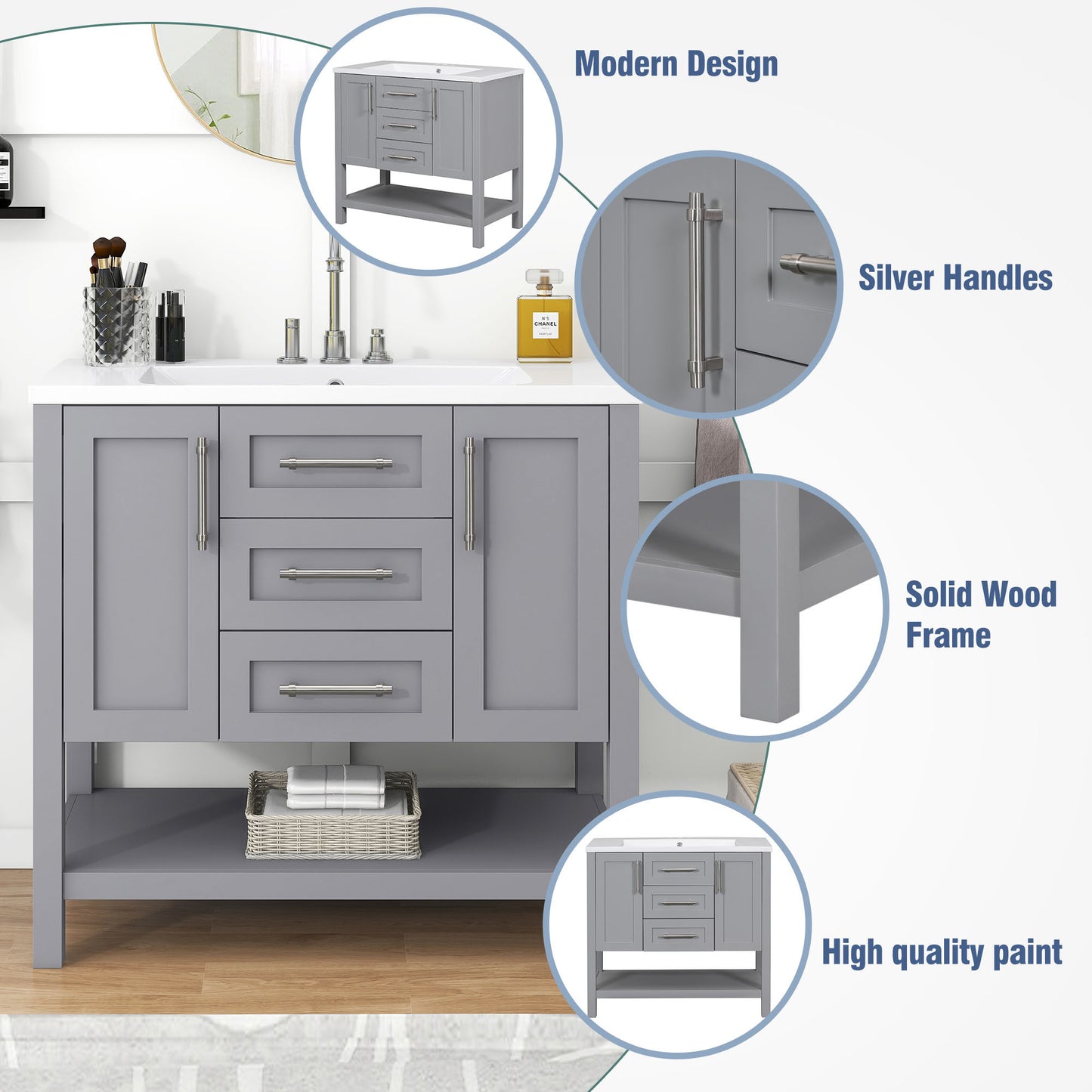 36-Inch Grey Bathroom Vanity with Solid Wood Frame and MDF, Resin Basin, 2 Single Resin Sink