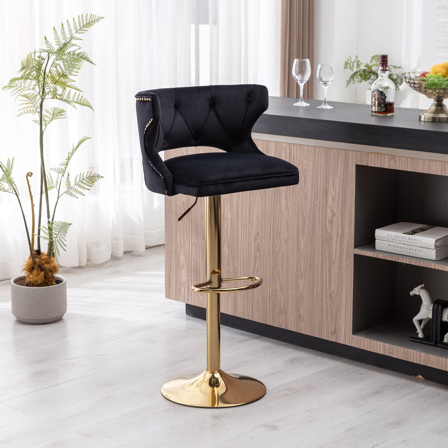 Black and Gold Velvet Bar Stools -2PCS/SET