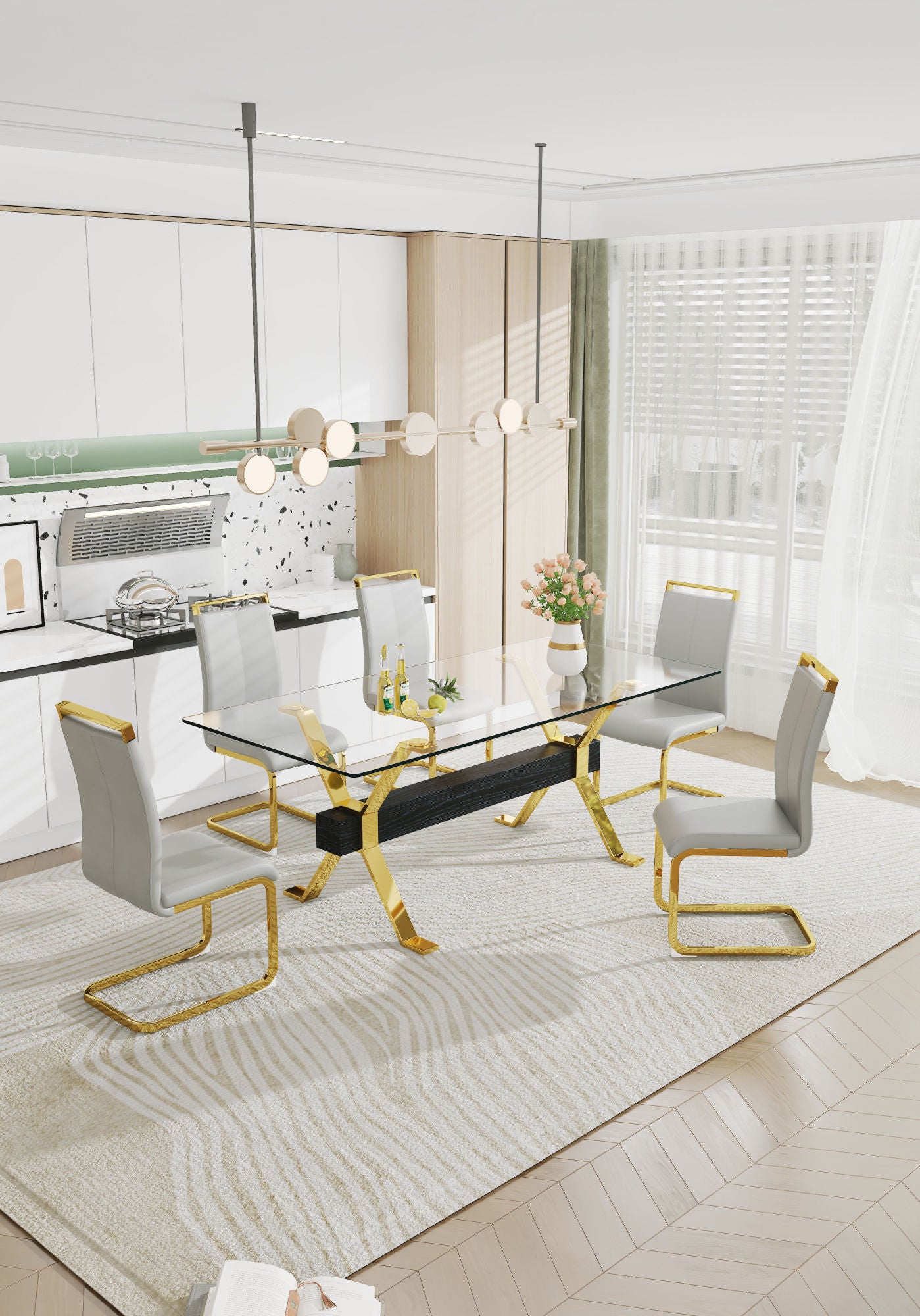 ContemporaryGlass Dining Table - Versatile for Home or Office. Features a Large Tempered Glass Top, Modern Office Desk Design with Gold-Plated Metal Legs and MDF Crossbars. Ideal for Kitchen Use. Dimensions: 79''x39''x30'