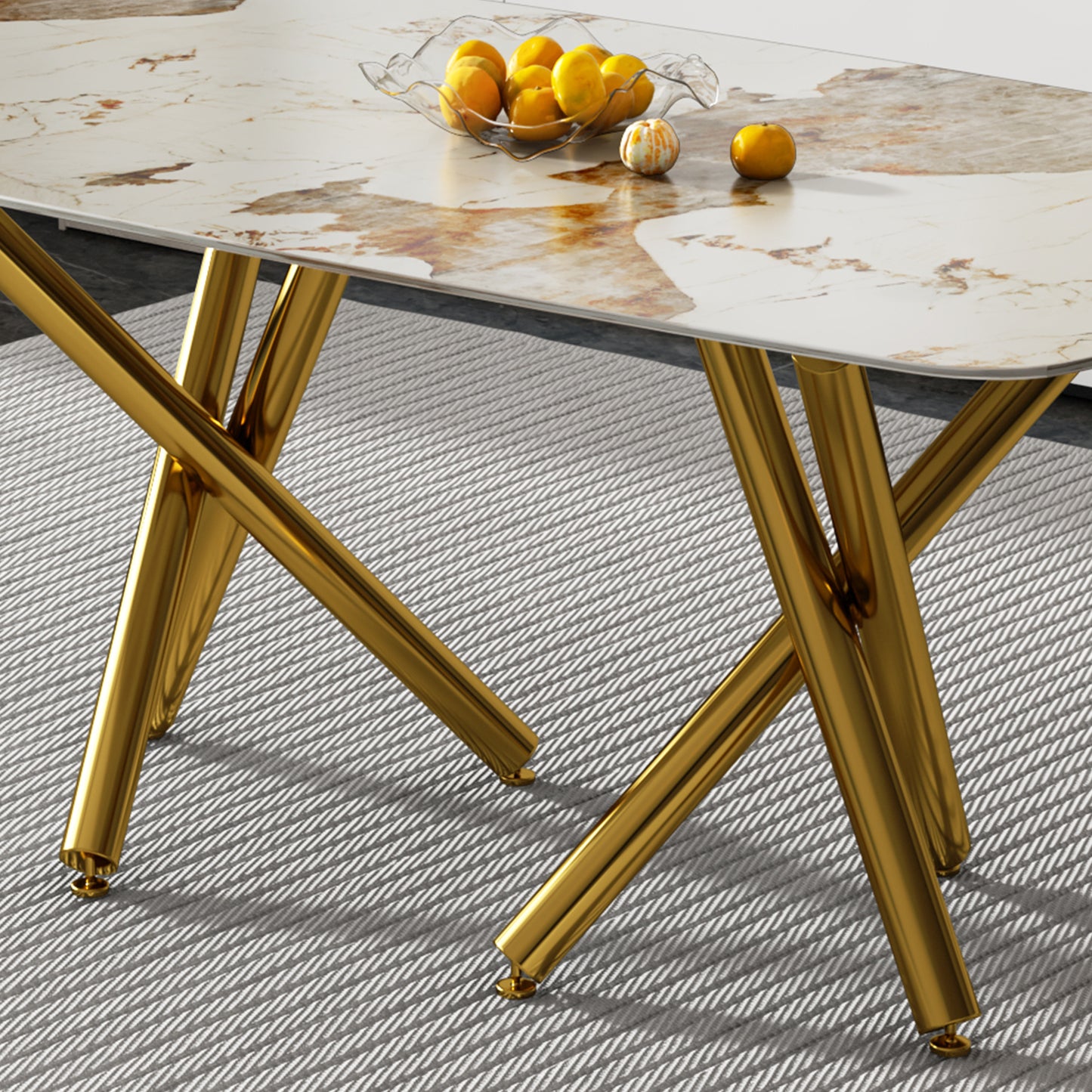 SleekMarble Rectangular Dining Table - Features a 0.39-inch Imitation Marble Top and Elegant Gold-Plated Metal Legs