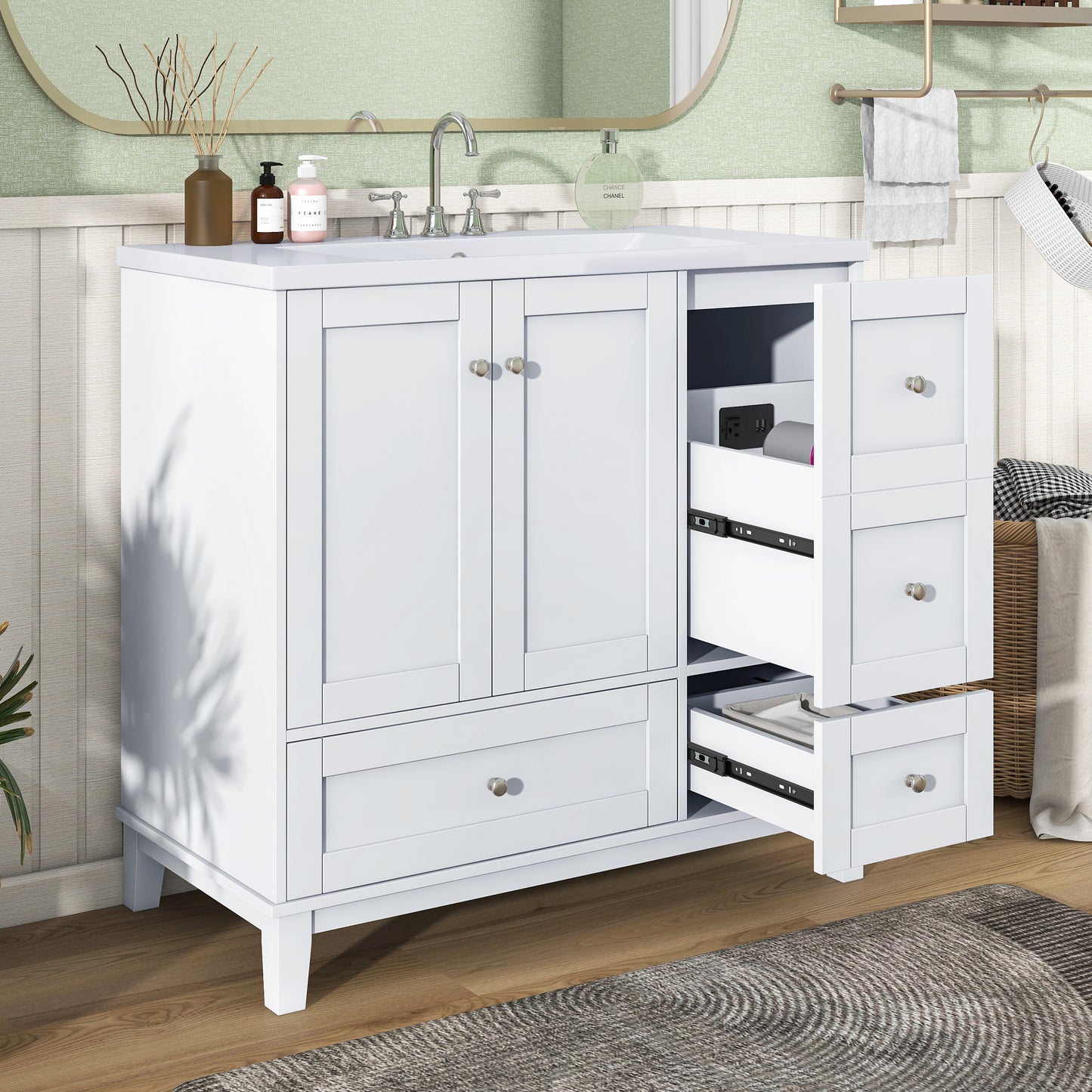 36 Inch Modern Bathroom Vanity with USB Charging, Two Doors and Three Drawers Bathroom Storage Vanity Cabinet, Small Bathroom Vanity cabinet with single sink , White & Gray Blue - Faucets Not Included